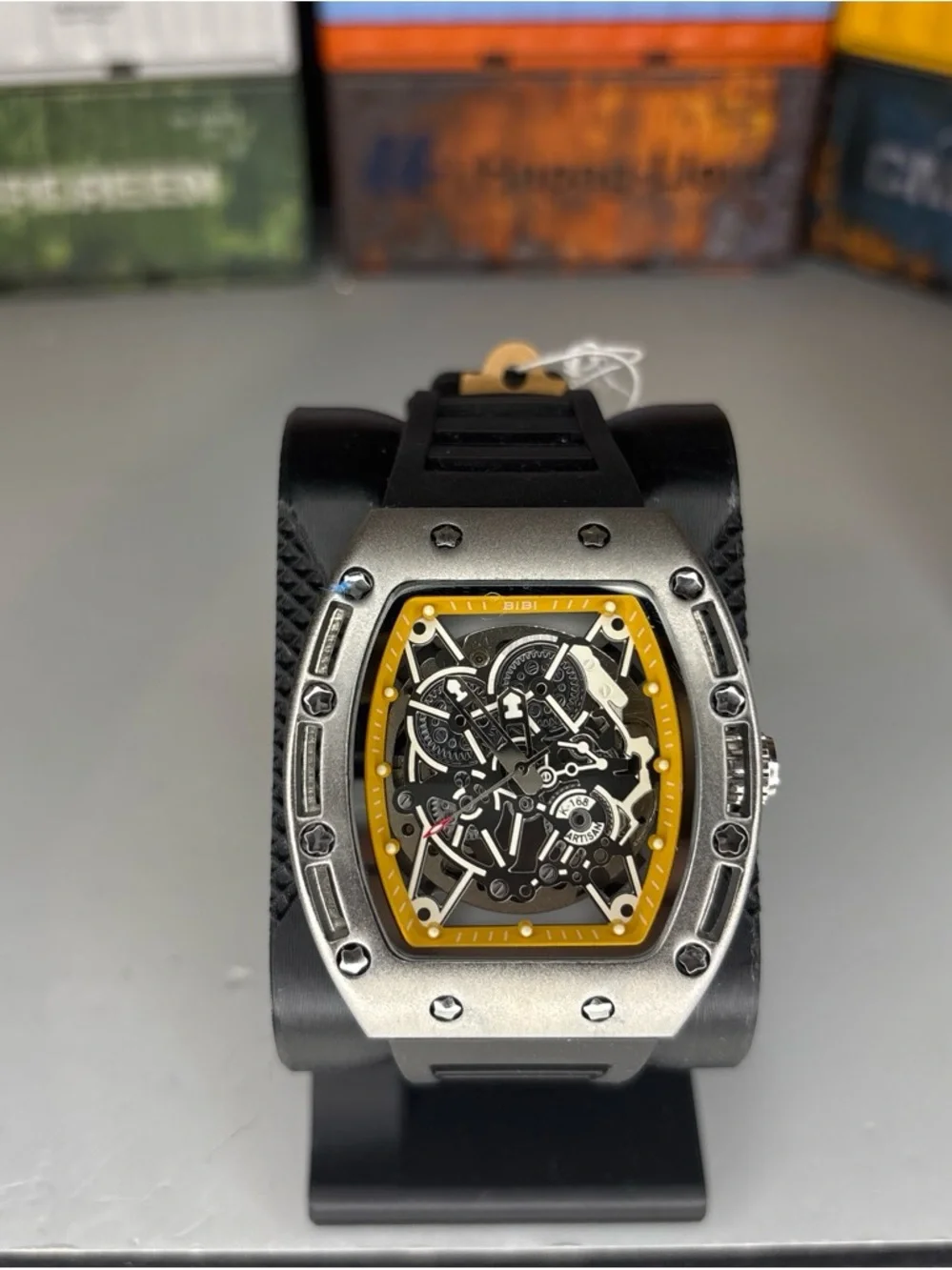 BiBi Automatic Men's Black and Yellow Skeleton Dial Sport Watch